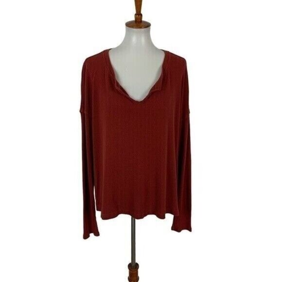Michael Stars Rust Ribbed Long Sleeve Relaxed Fit Top OS Casual Boho Chic - Picture 1 of 5